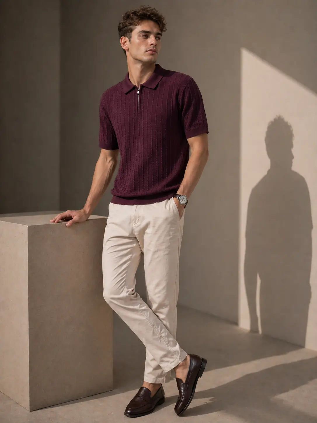 Men’s Textured Zip Polo Knit Shirt