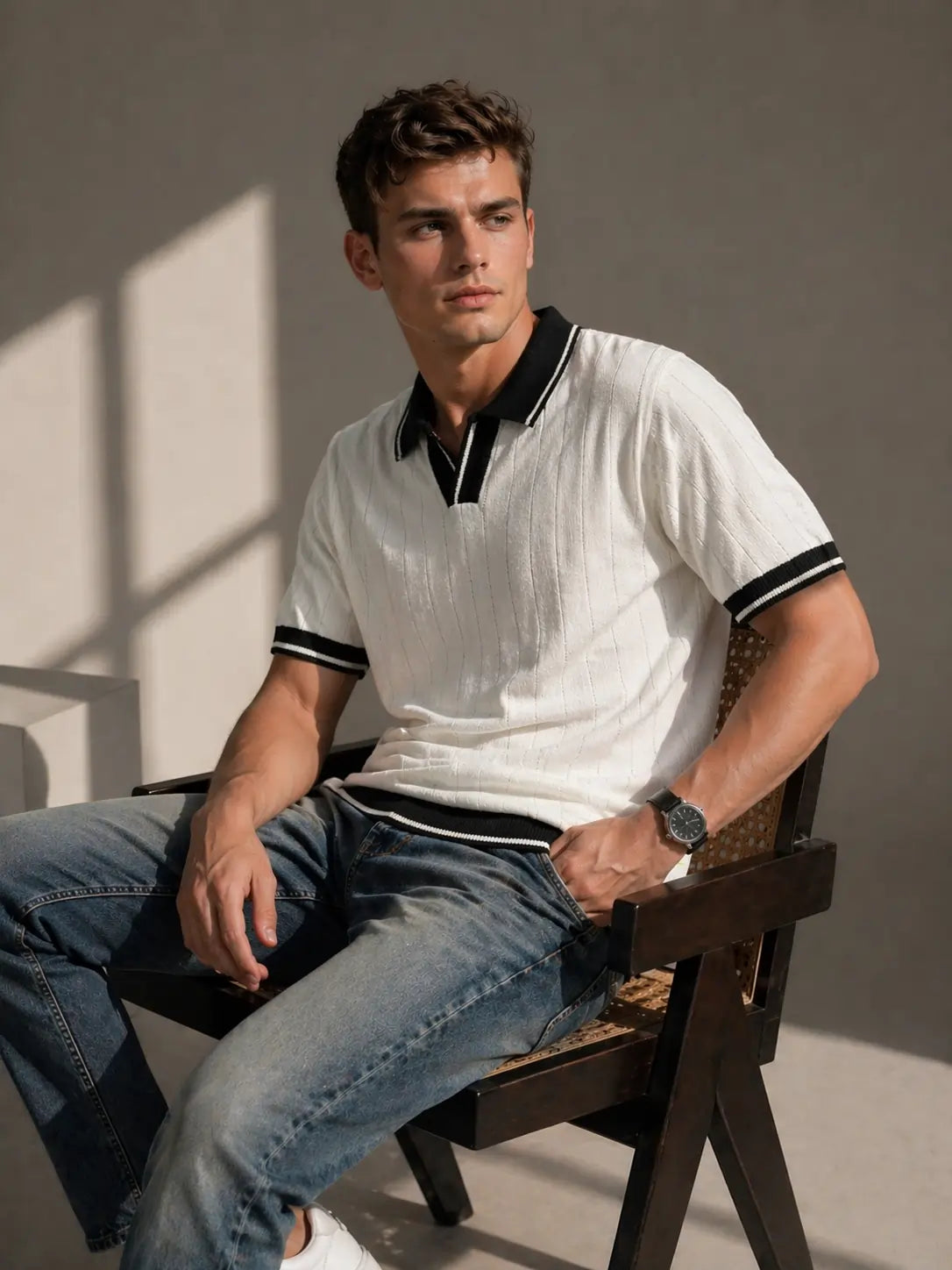 Men's Contrast Collar Ribbed Knit Polo T-Shirt – White