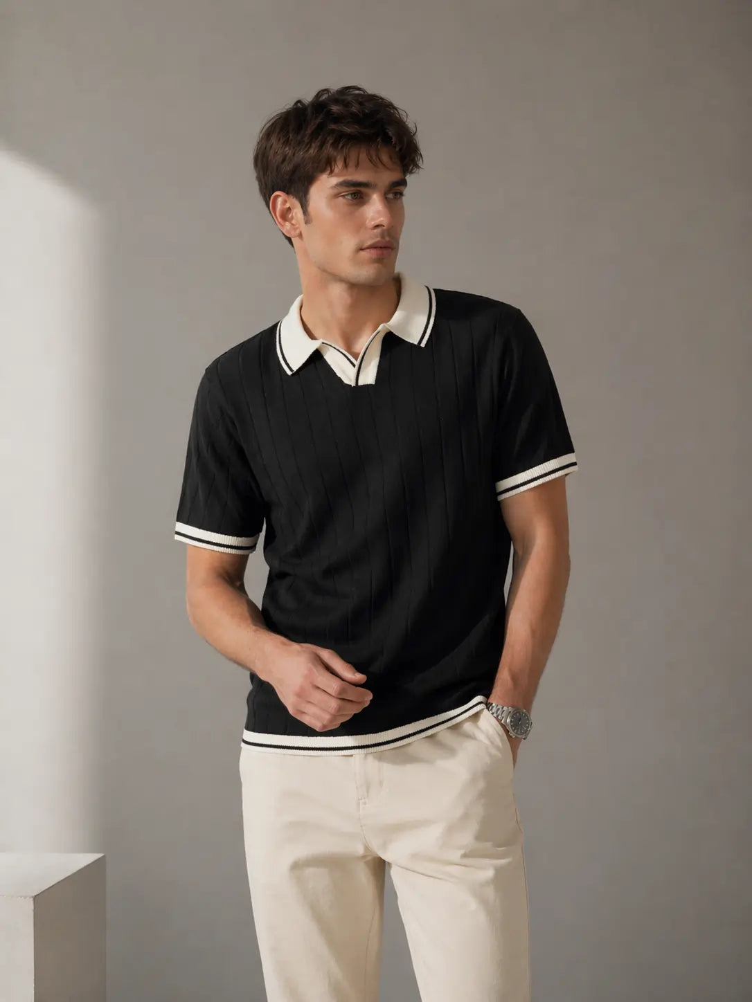 Men's Contrast Collar Ribbed Knit Polo T-Shirt – Black