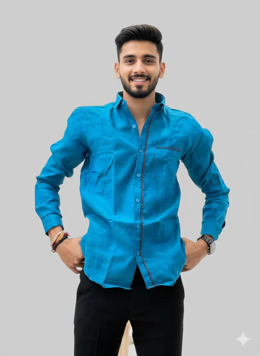Product Description: Azure Blue Slub Cotton Full-sleeve Casual Shirt