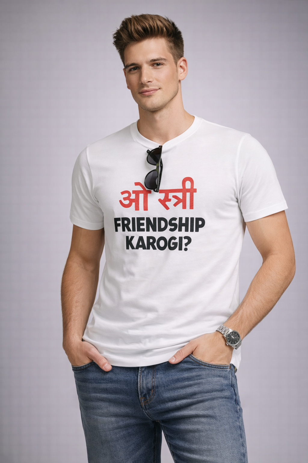 Round Neck White T-shirts Ohh Stree Friendship Karogi