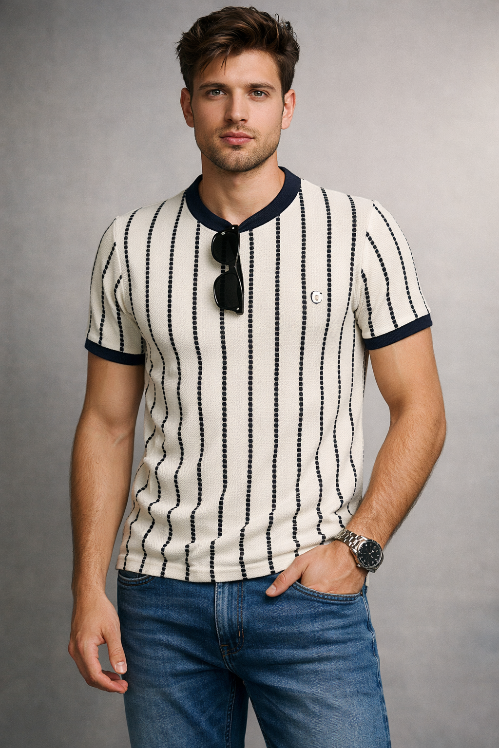 Men’s Premium Navy Striped Textured Knit T-Shirt