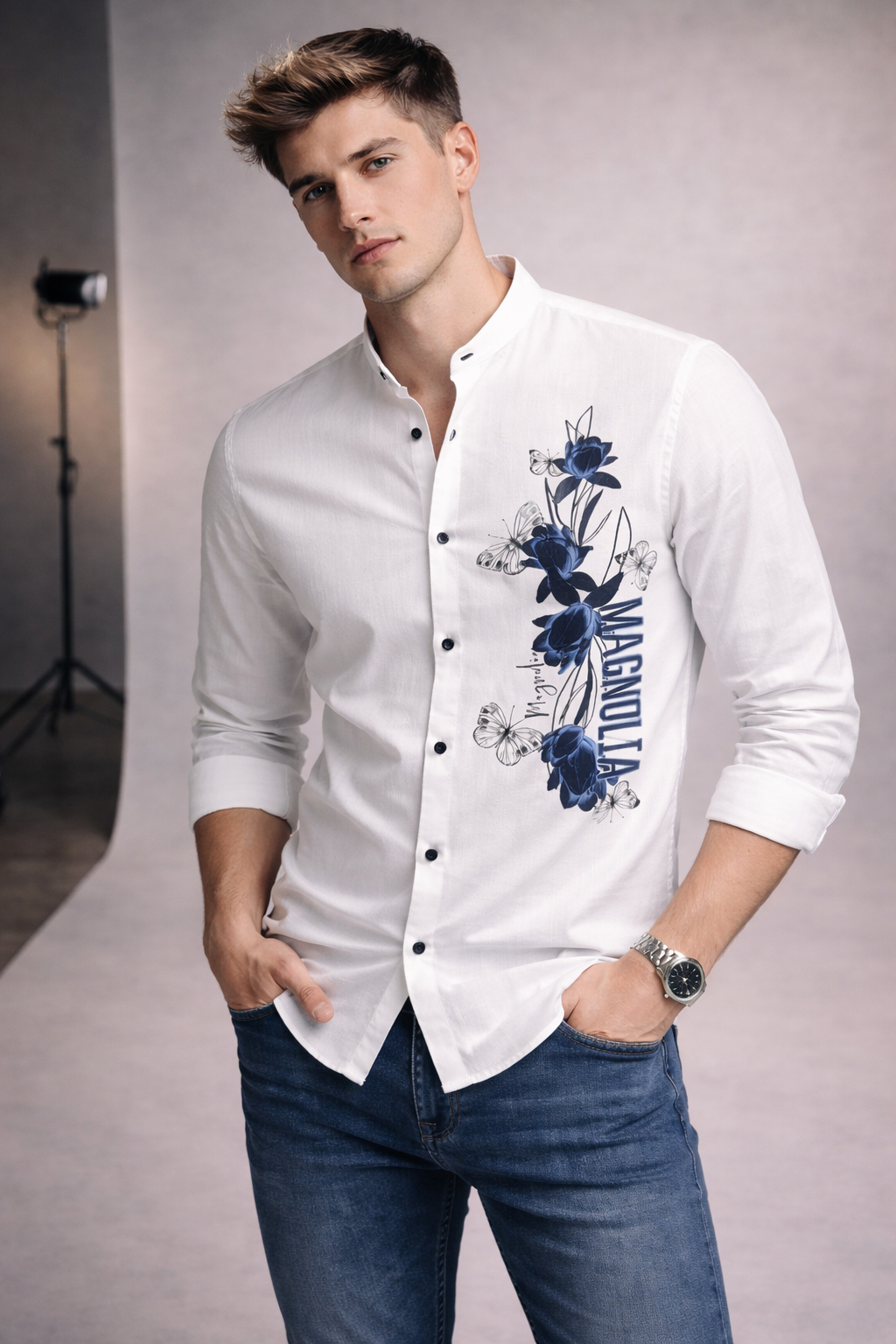 Butterfly Graphic Mandarin Collar Shirt