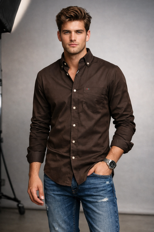 Premium Oxford Elbow Patch Shirt â€“ Rich Chocolate Brown
