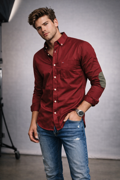 Premium Oxford Elbow Patch Shirt â€“ Maroon