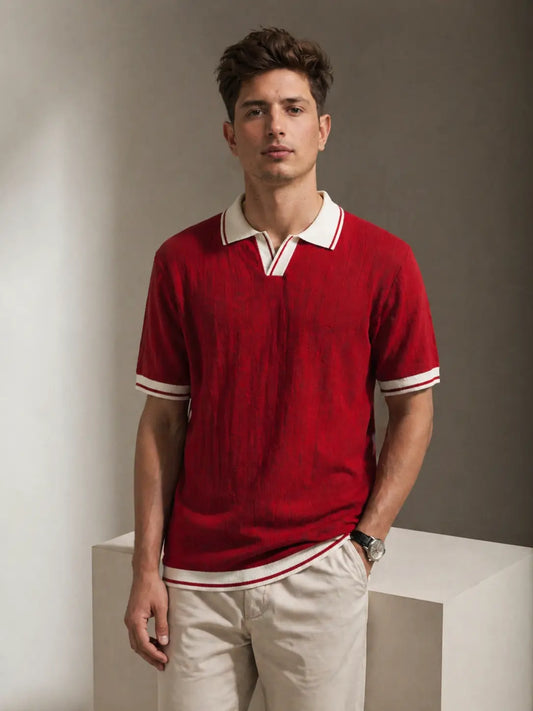 Men's Contrast Collar Ribbed Knit Polo T-Shirt â€“ Red