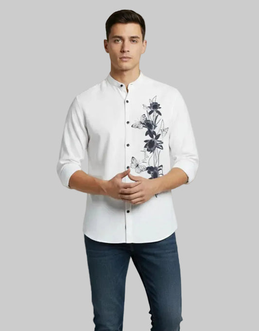 Butterfly Graphic Mandarin Collar Shirt