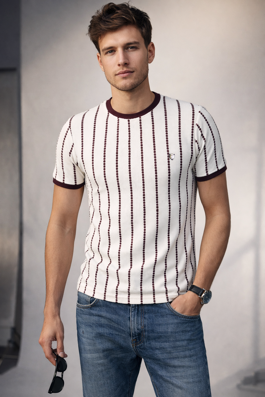 Men’s Premium Maroon Striped Textured Knit T-Shirt