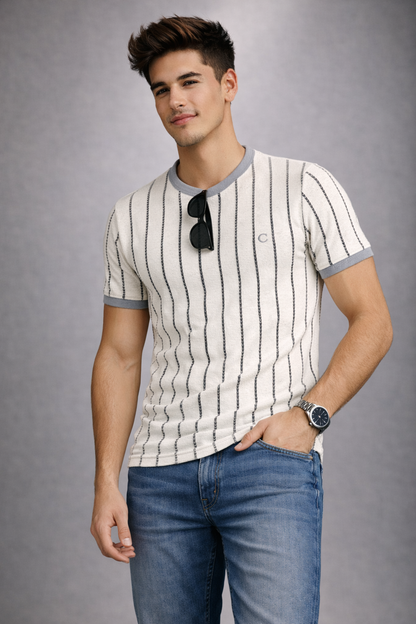 Men’s Premium Grey Striped Textured Knit T-Shirt