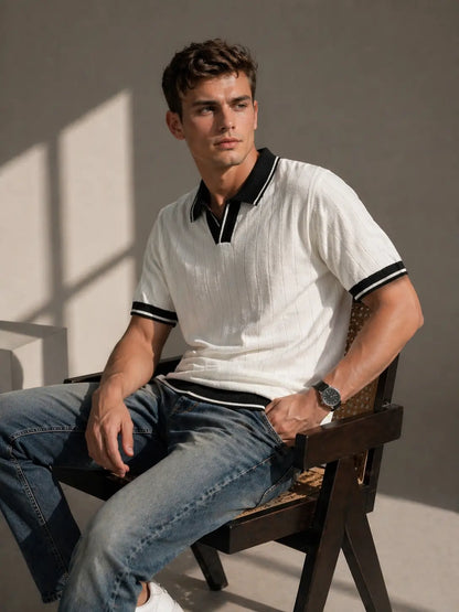 Men's Contrast Collar Ribbed Knit Polo T-Shirt â€“  White