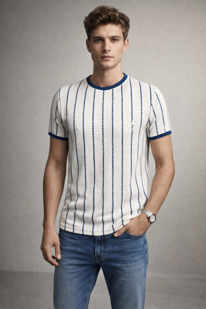 Men’s Premium Blue Striped Textured Knit T-Shirt