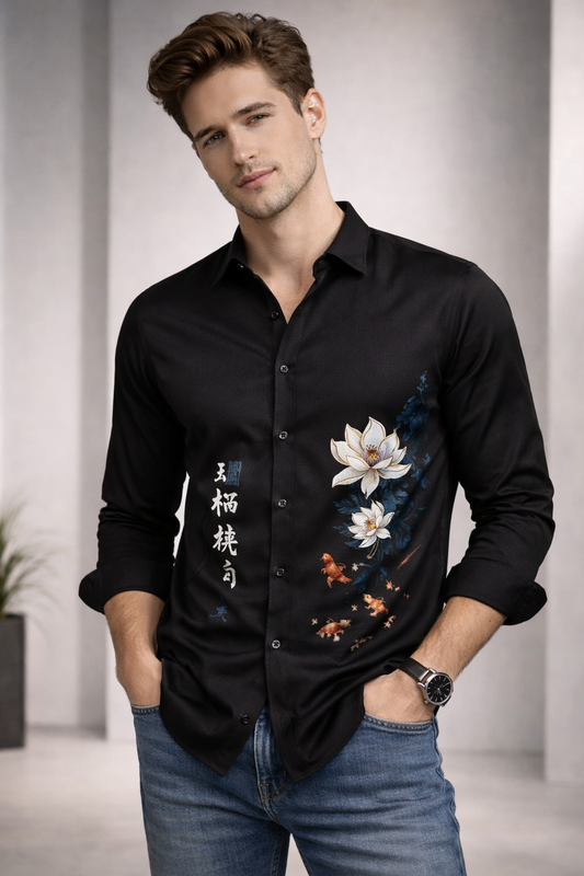 Zen Black Shirt With Artistic Lotus Flower & Monk Print