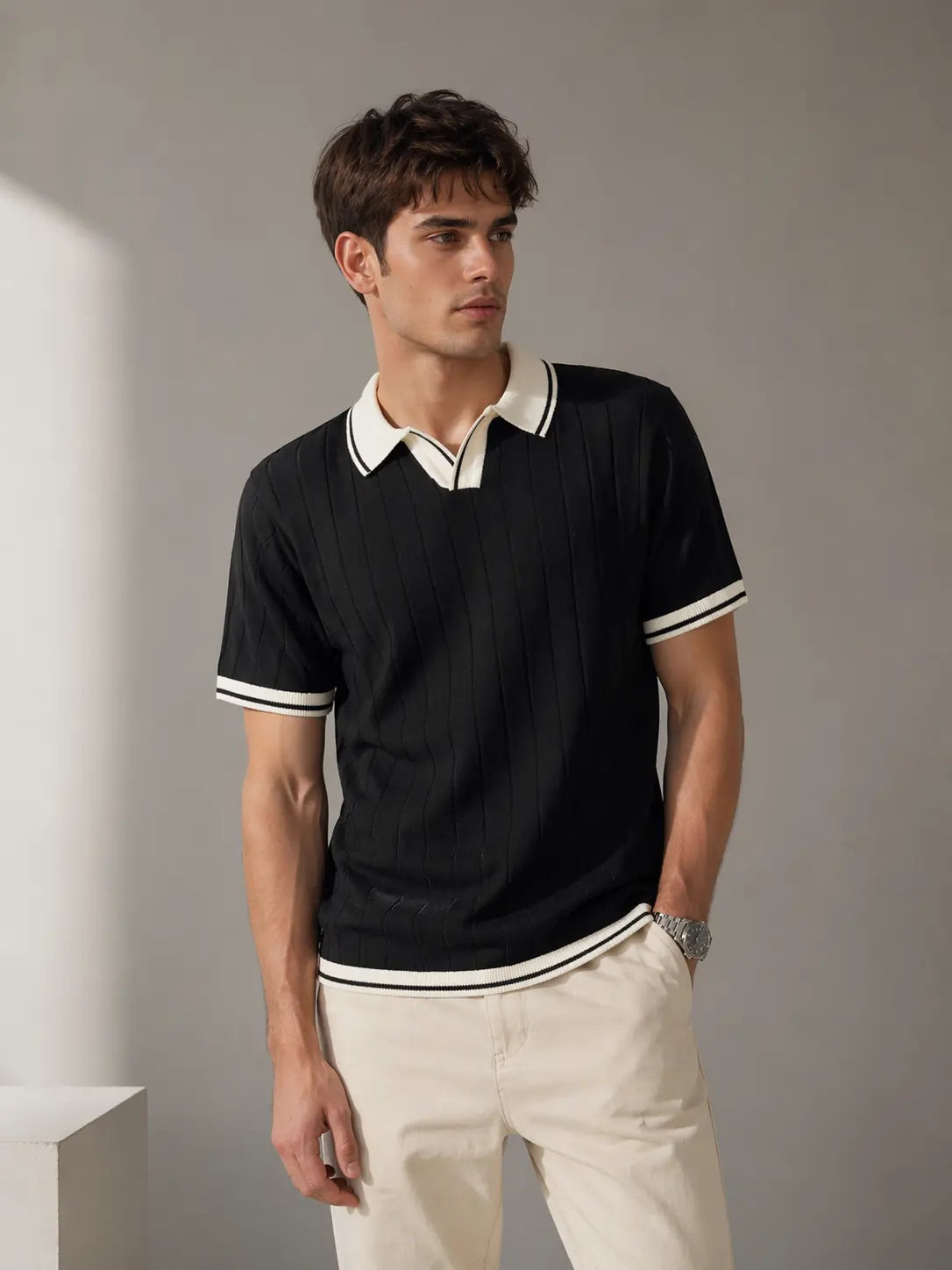 Men's Contrast Collar Ribbed Knit Polo T-Shirt â€“ Black
