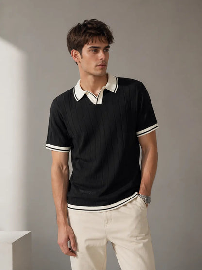 Men's Contrast Collar Ribbed Knit Polo T-Shirt â€“ Black