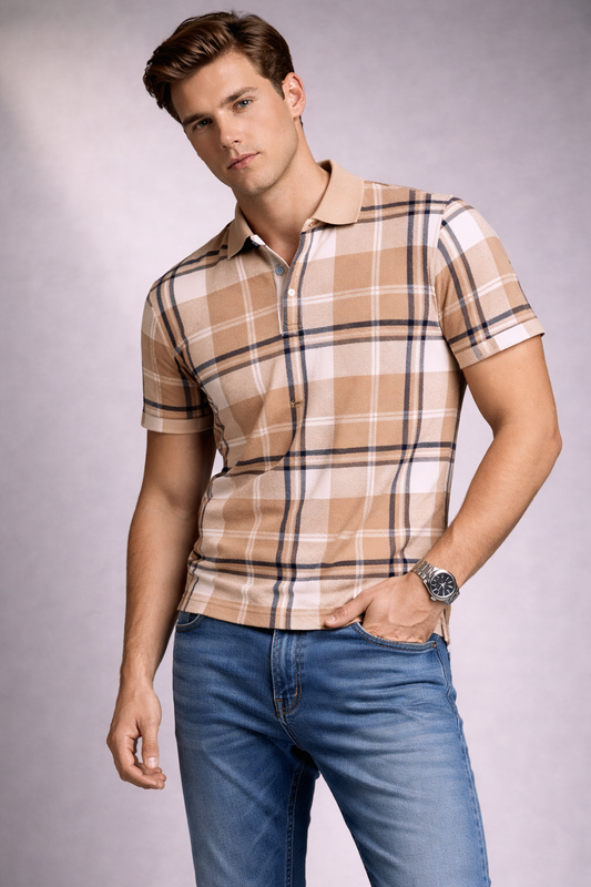 Premium Checked Polo T-Shirt Warm Beige