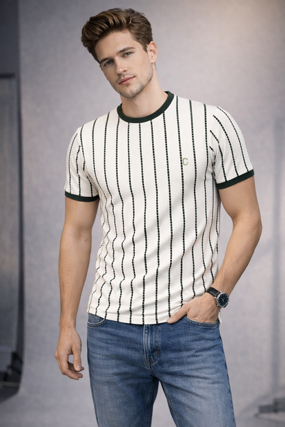 Men’s Premium Forest Green Striped Textured Knit T-Shirt