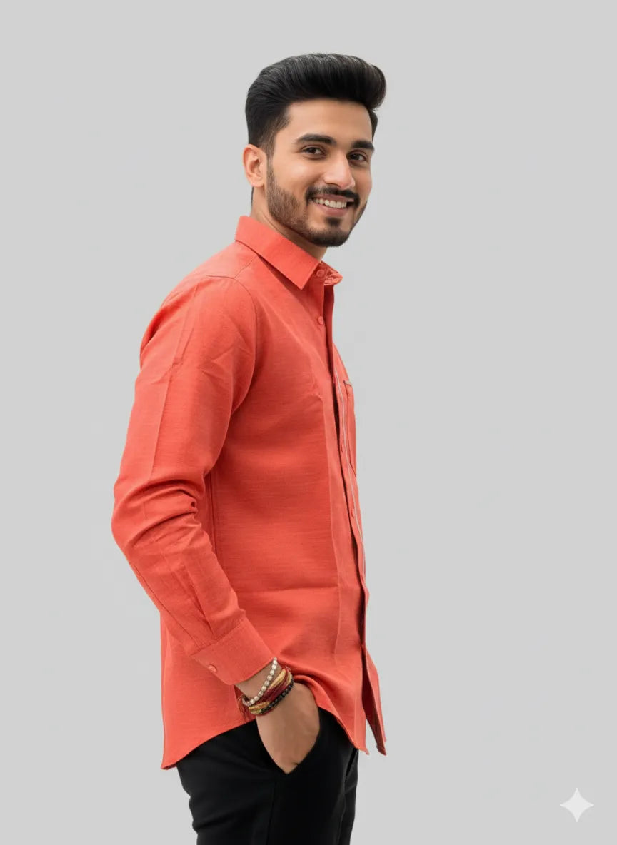 Coral Slub Cotton Full-sleeve Casual Shirt