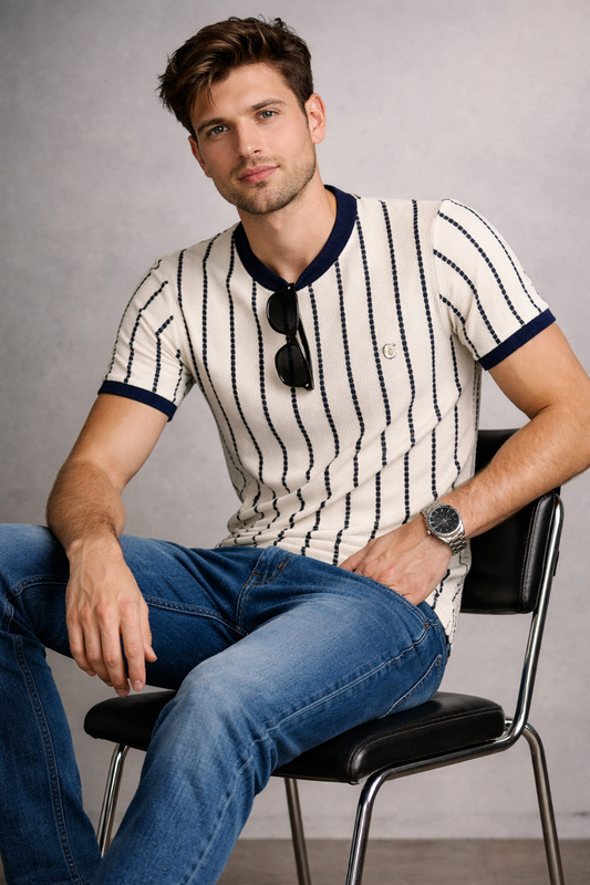 Menâ€™s Premium Navy Stripe Textured Knit T-Shirt