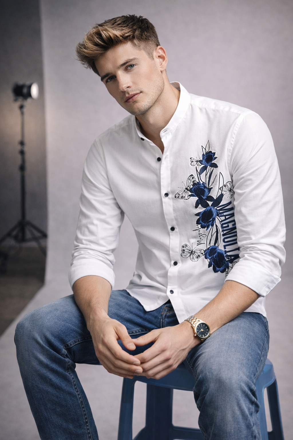 Butterfly Graphic Mandarin Collar Shirt