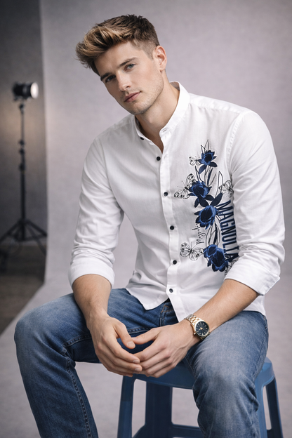 Butterfly Graphic Mandarin Collar Shirt