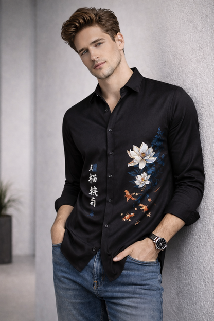 Zen Black Shirt With Artistic Lotus Flower & Monk Print
