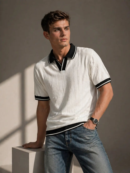 Men's Contrast Collar Ribbed Knit Polo T-Shirt â€“  White