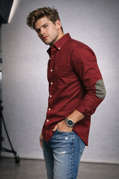Premium Oxford Elbow Patch Shirt â€“ Maroon