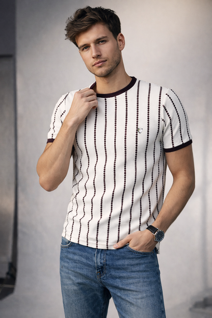 Men’s Premium Maroon Striped Textured Knit T-Shirt
