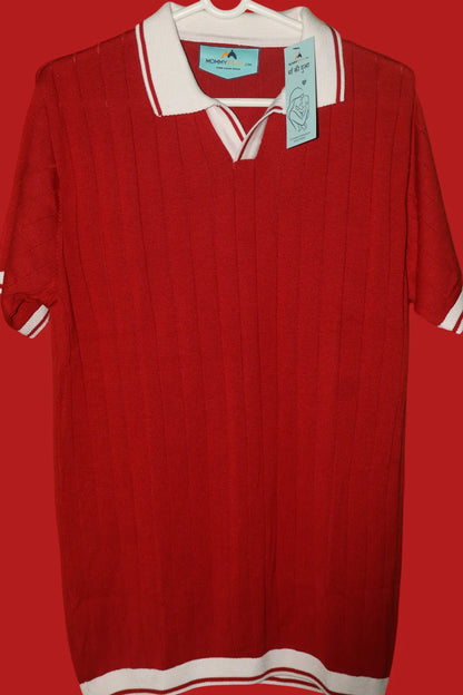Men's Contrast Collar Ribbed Knit Polo T-Shirt â€“ Red