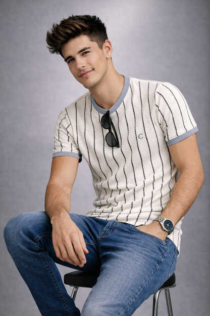 Men’s Premium Grey Striped Textured Knit T-Shirt