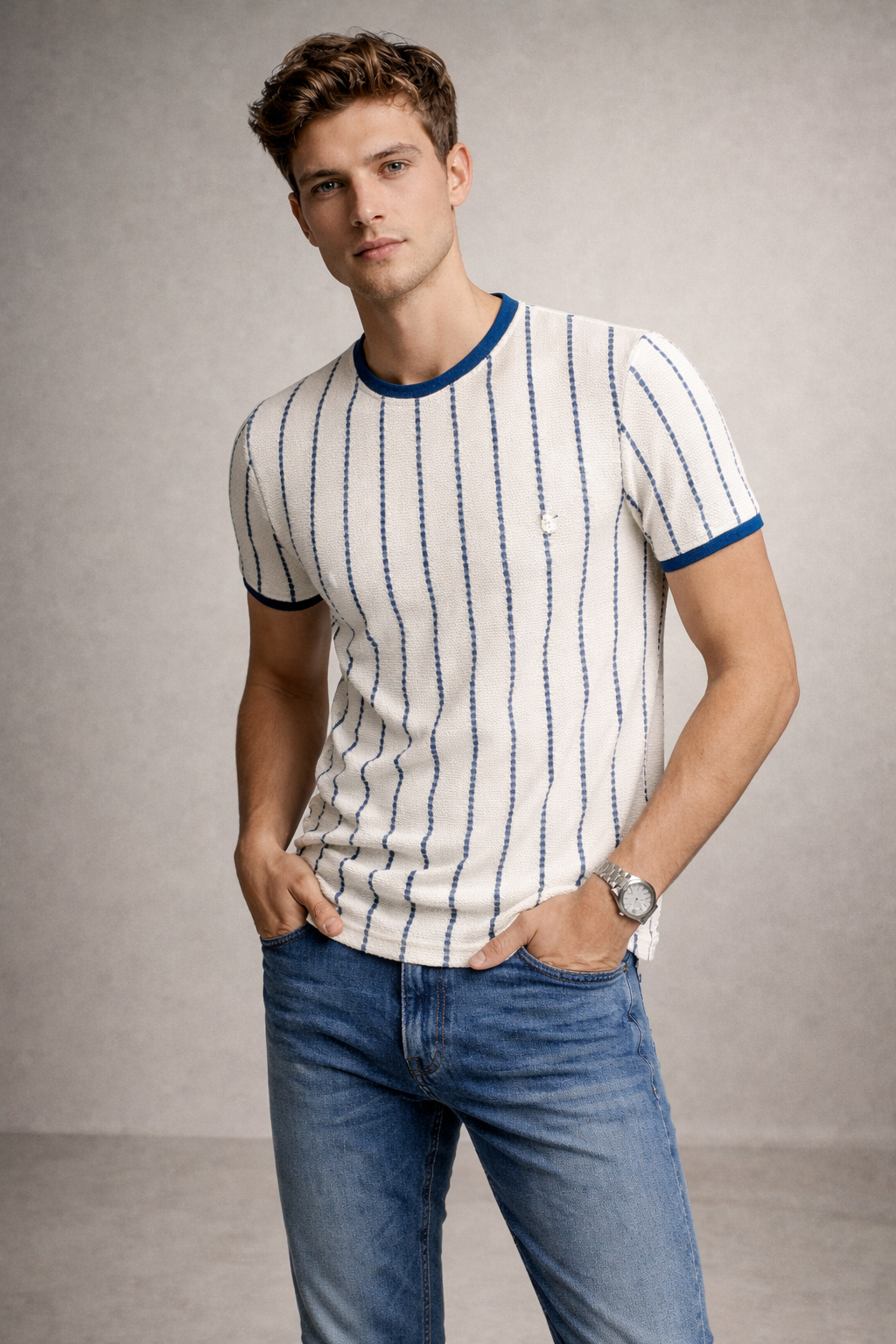 Men’s Premium Blue Striped Textured Knit T-Shirt