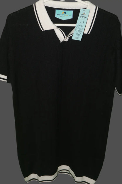 Men's Contrast Collar Ribbed Knit Polo T-Shirt â€“ Black