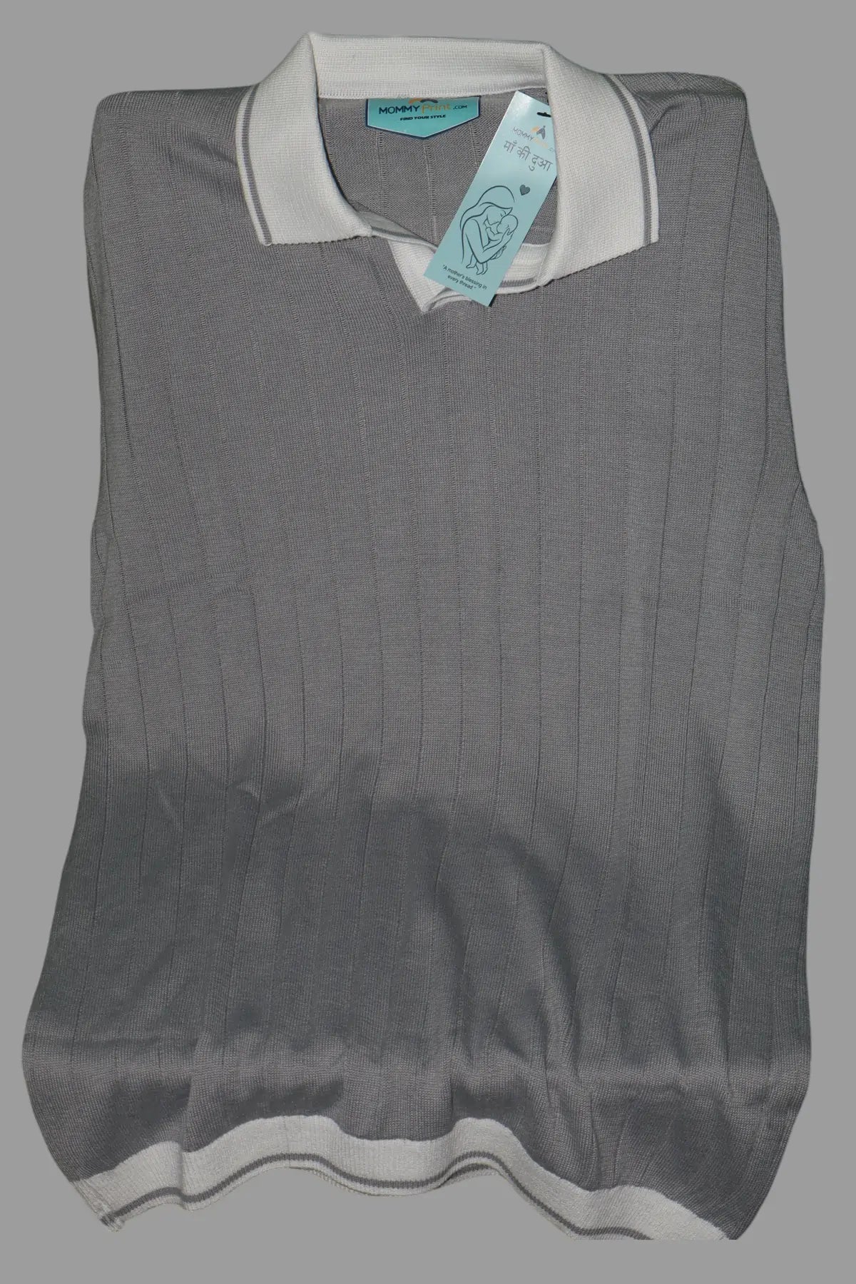 Men's Contrast Collar Ribbed Knit Polo T-Shirt â€“ Light Grey