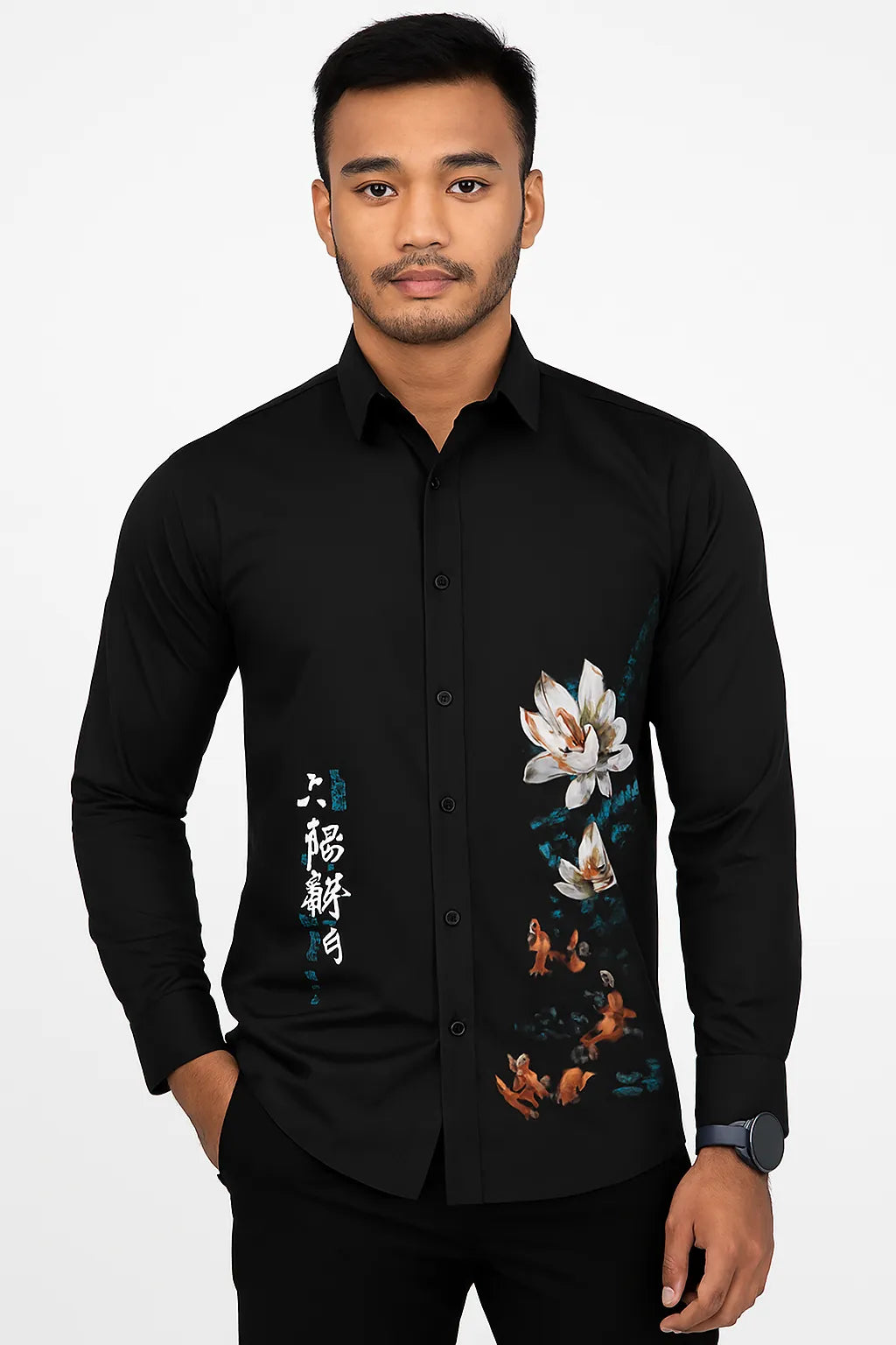 Zen Black Shirt With Artistic Lotus Flower & Monk Print