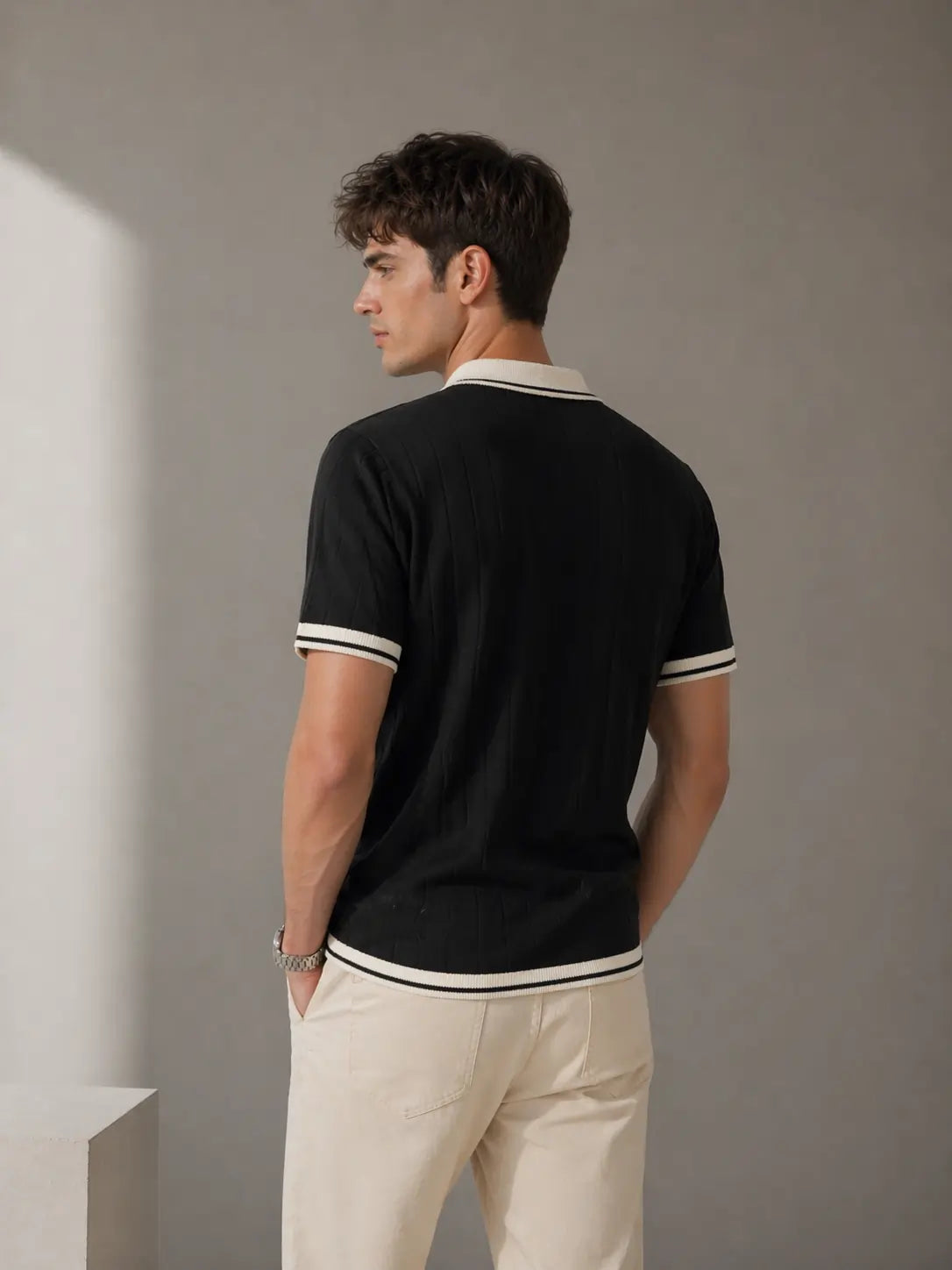 Men's Contrast Collar Ribbed Knit Polo T-Shirt â€“ Black