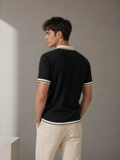 Men's Contrast Collar Ribbed Knit Polo T-Shirt â€“ Black
