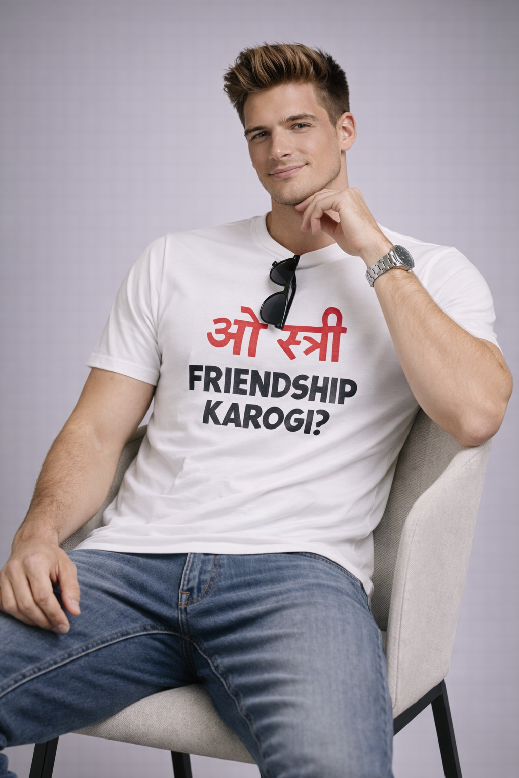 Round Neck White T-shirts Ohh Stree Friendship Karogi
