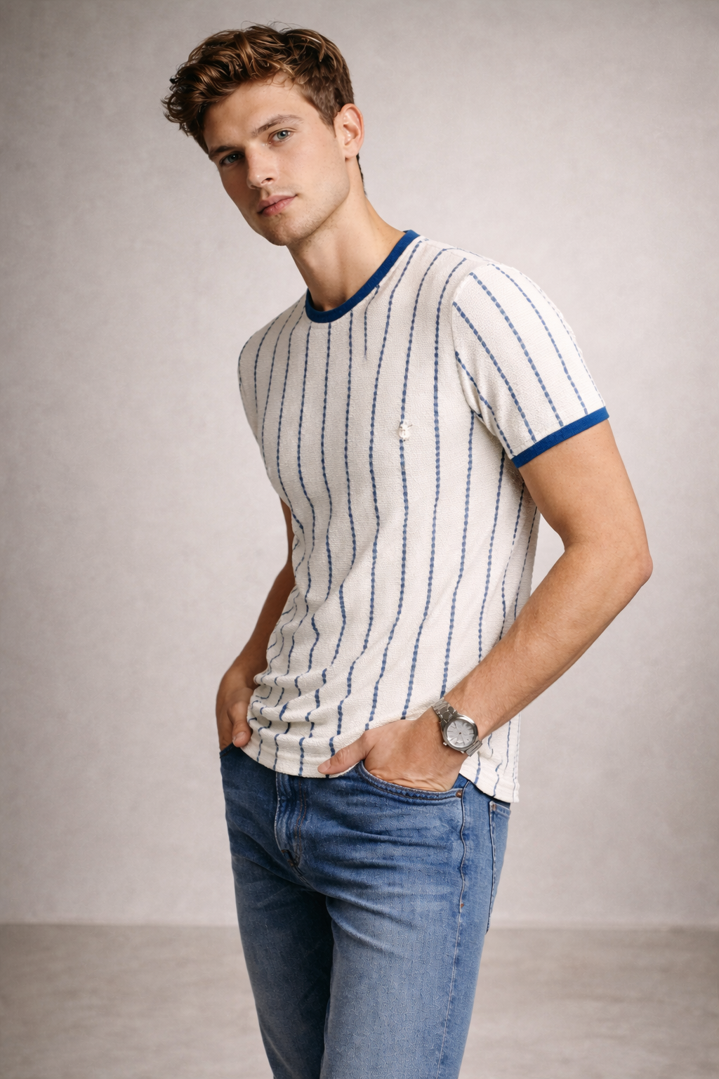 Men’s Premium Blue Striped Textured Knit T-Shirt