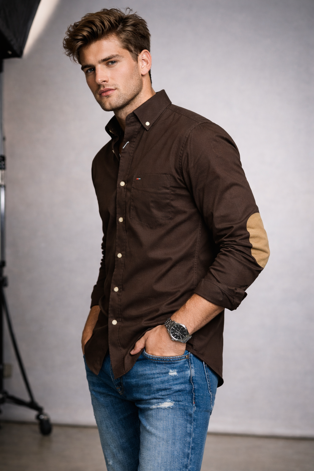 Premium Oxford Shirt with Elbow Patches – Rich Chocolate Brown