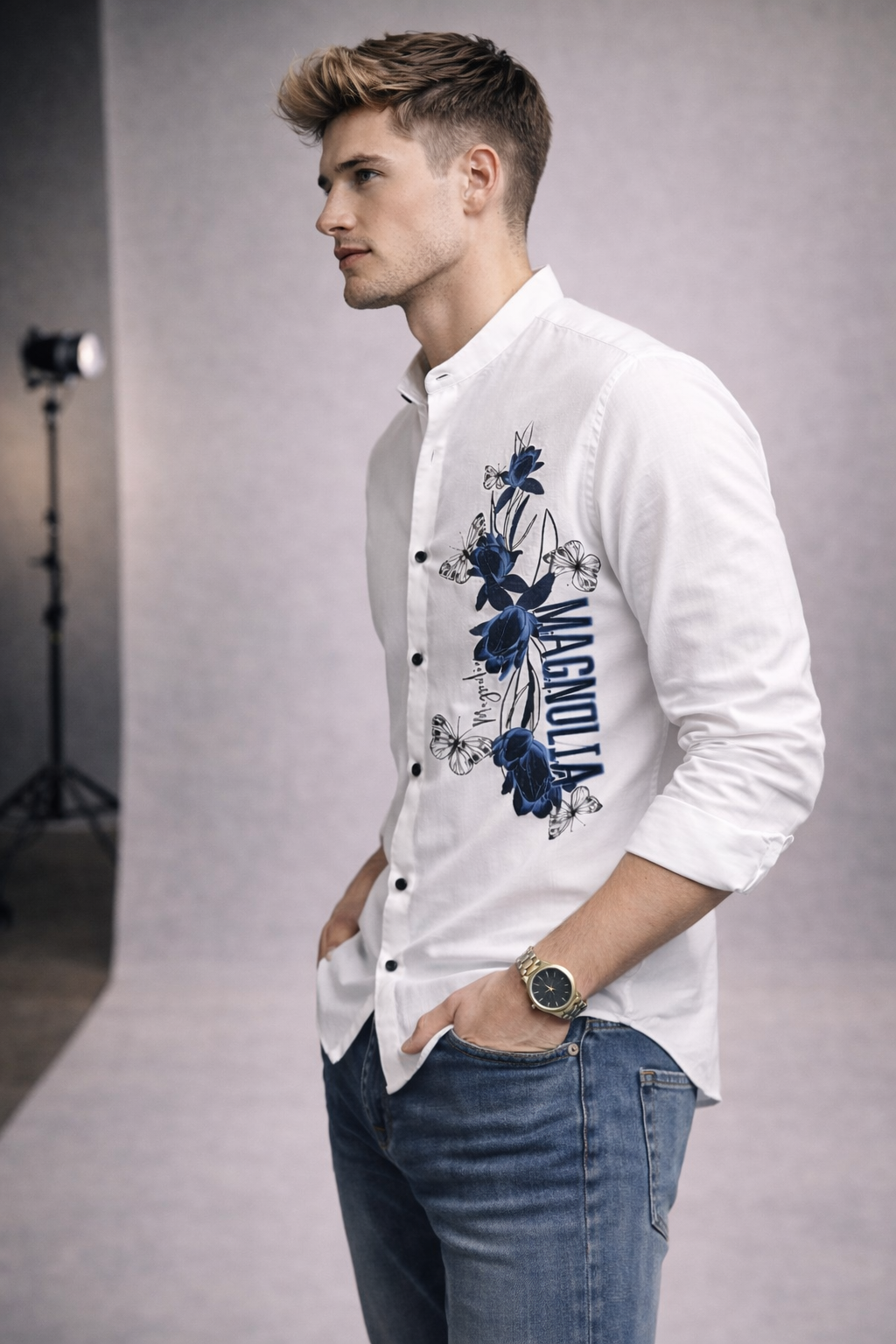 Butterfly Graphic Mandarin Collar Shirt