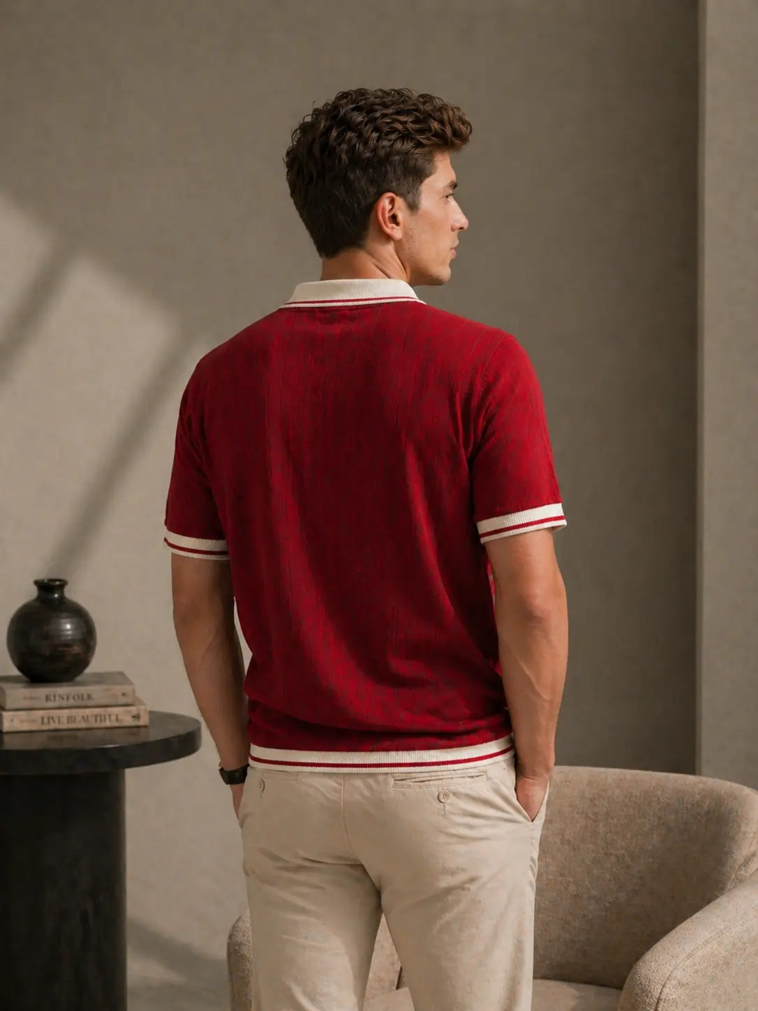 Men's Contrast Collar Ribbed Knit Polo T-Shirt â€“ Red