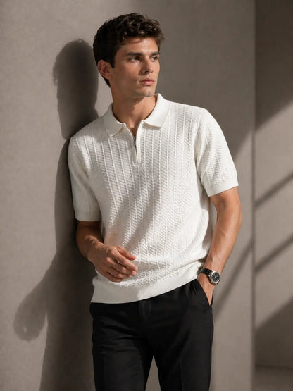 Menâ€™s Textured Zip Polo Knit Shirt