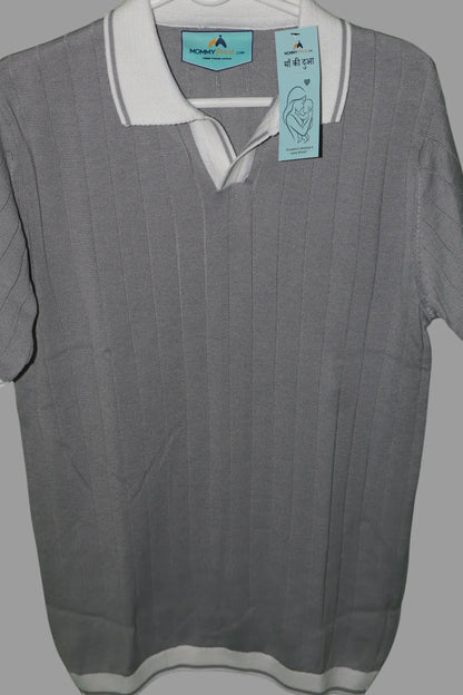 Men's Contrast Collar Ribbed Knit Polo T-Shirt â€“ Light Grey