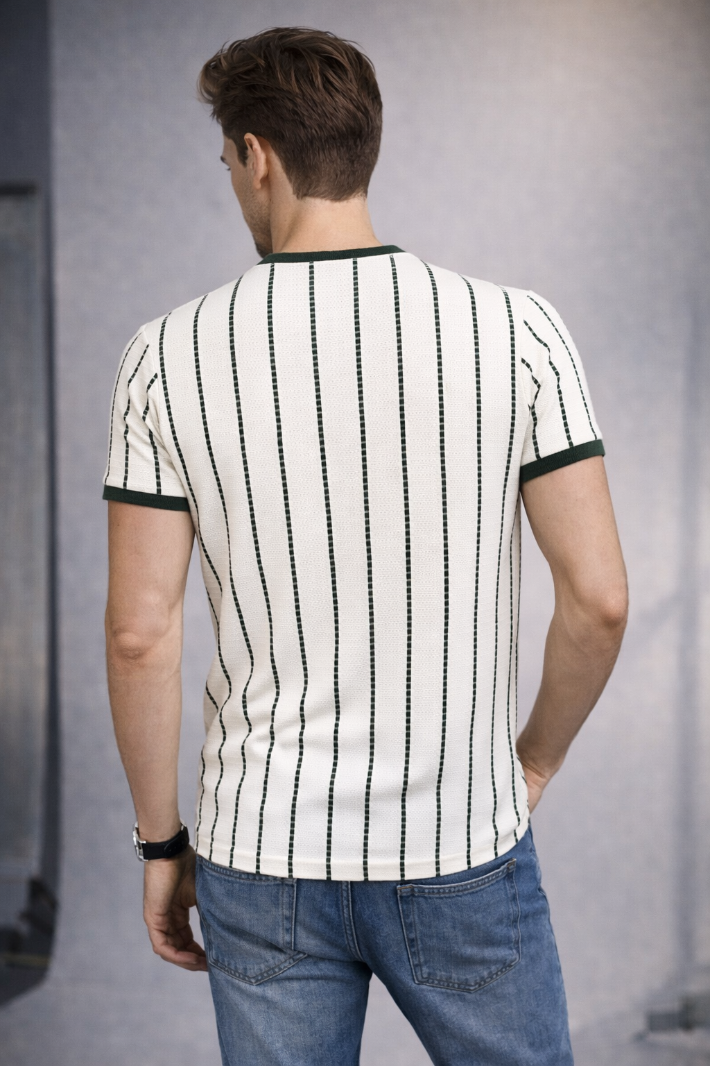 Men’s Premium Forest Green Striped Textured Knit T-Shirt