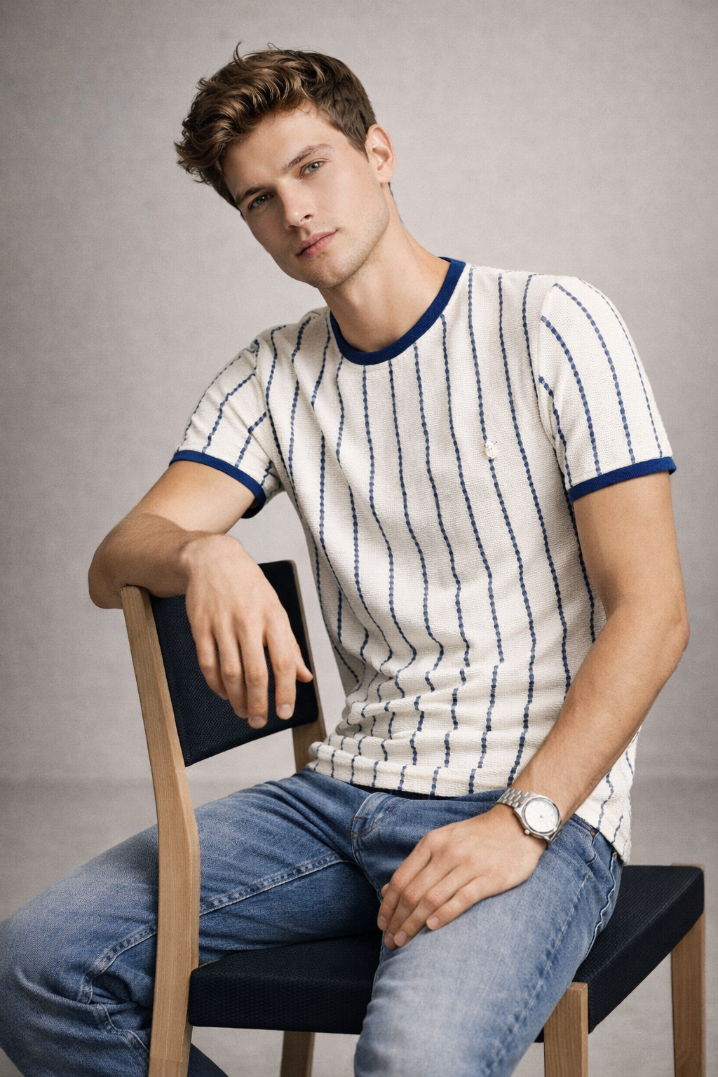 Men’s Premium Blue Striped Textured Knit T-Shirt