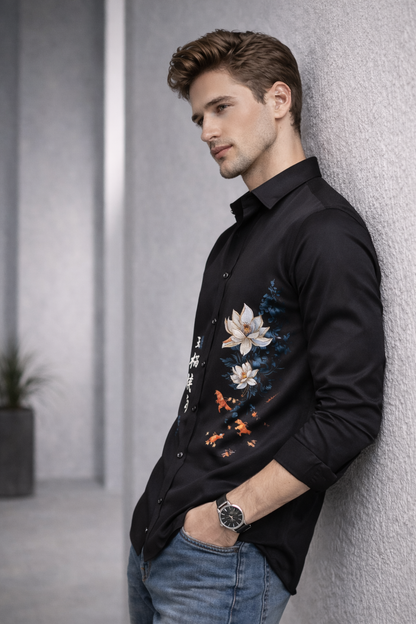 Zen Black Shirt With Artistic Lotus Flower & Monk Print