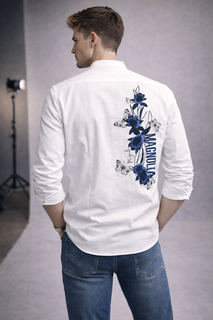 Butterfly Graphic Mandarin Collar Shirt