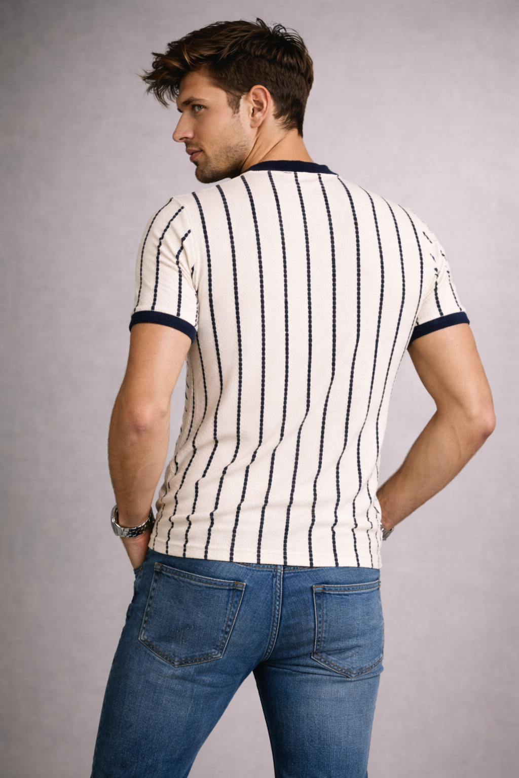 Men’s Premium Navy Striped Textured Knit T-Shirt