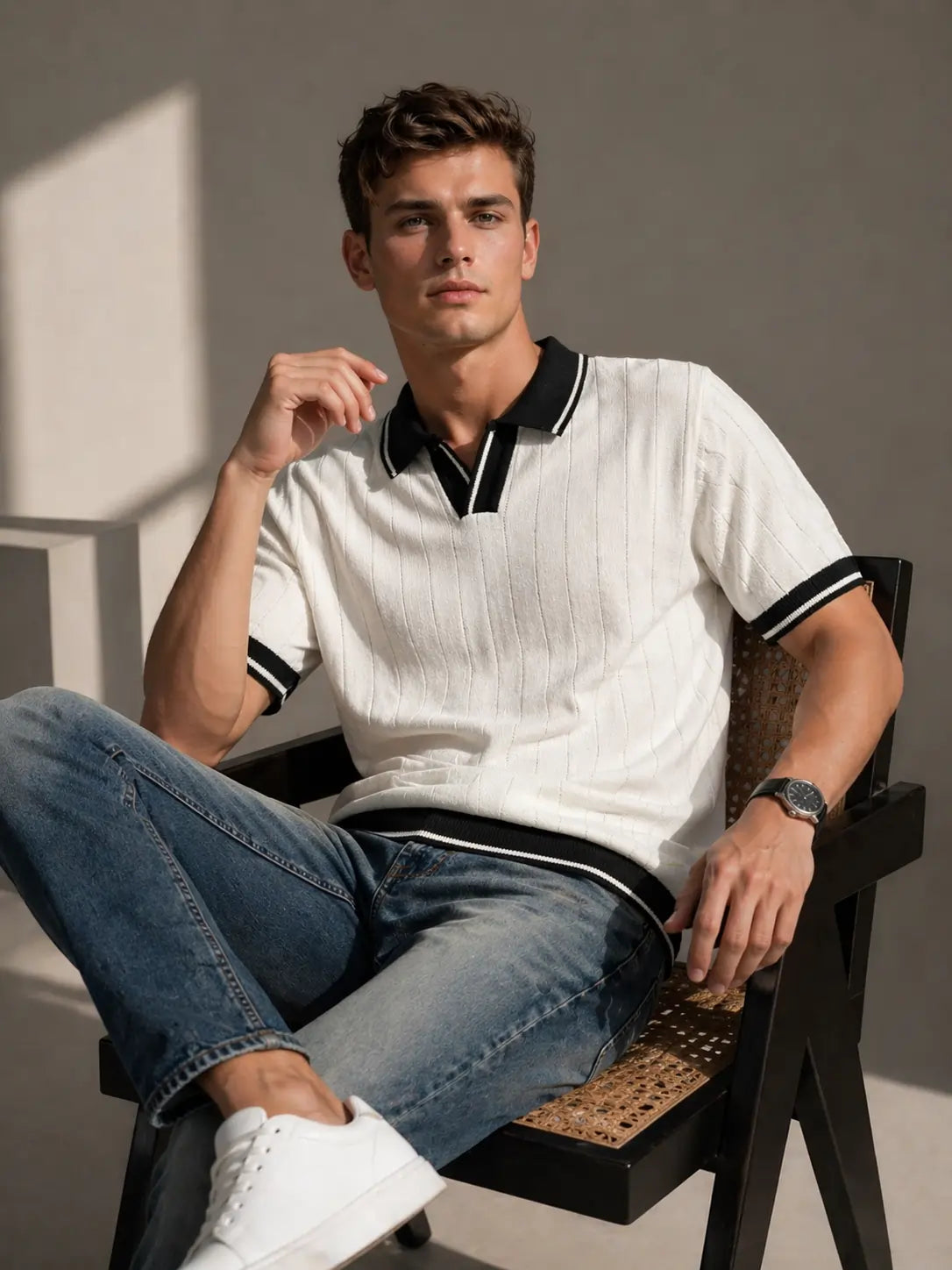 Men's Contrast Collar Ribbed Knit Polo T-Shirt â€“  White