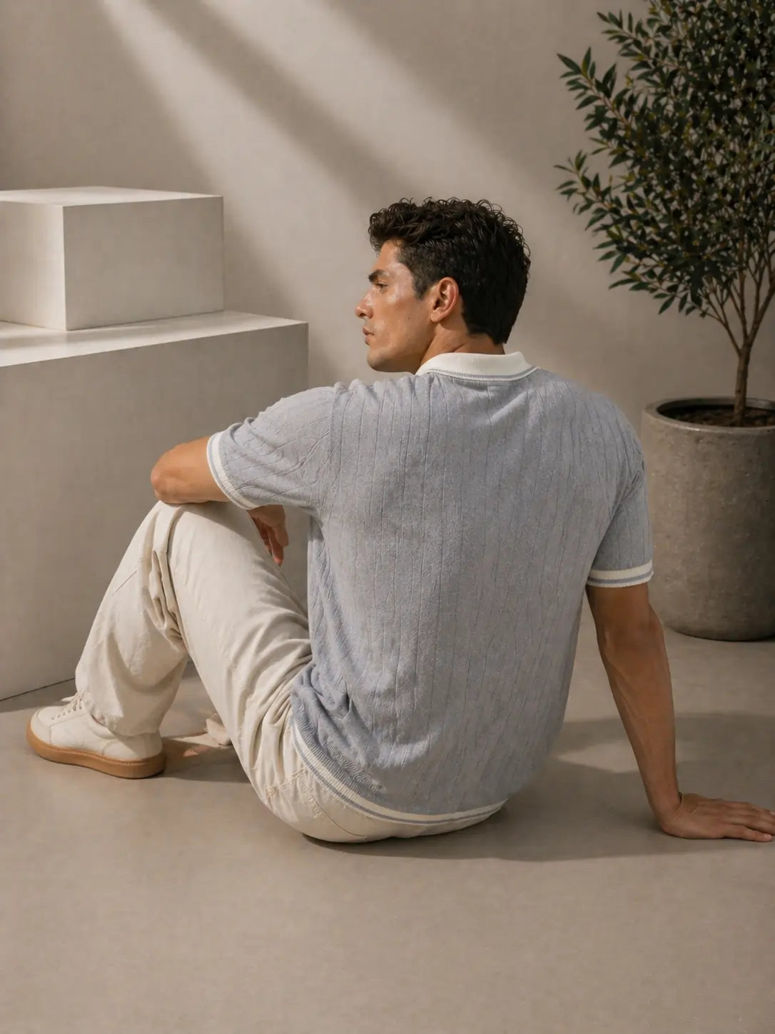 Men's Contrast Collar Ribbed Knit Polo T-Shirt â€“ Light Grey